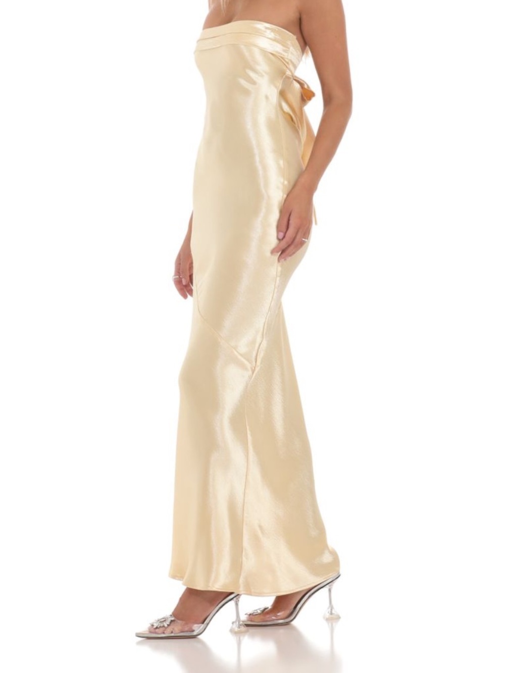 Lucy in the Sky Strapless Backless Satin Gown in Champagne